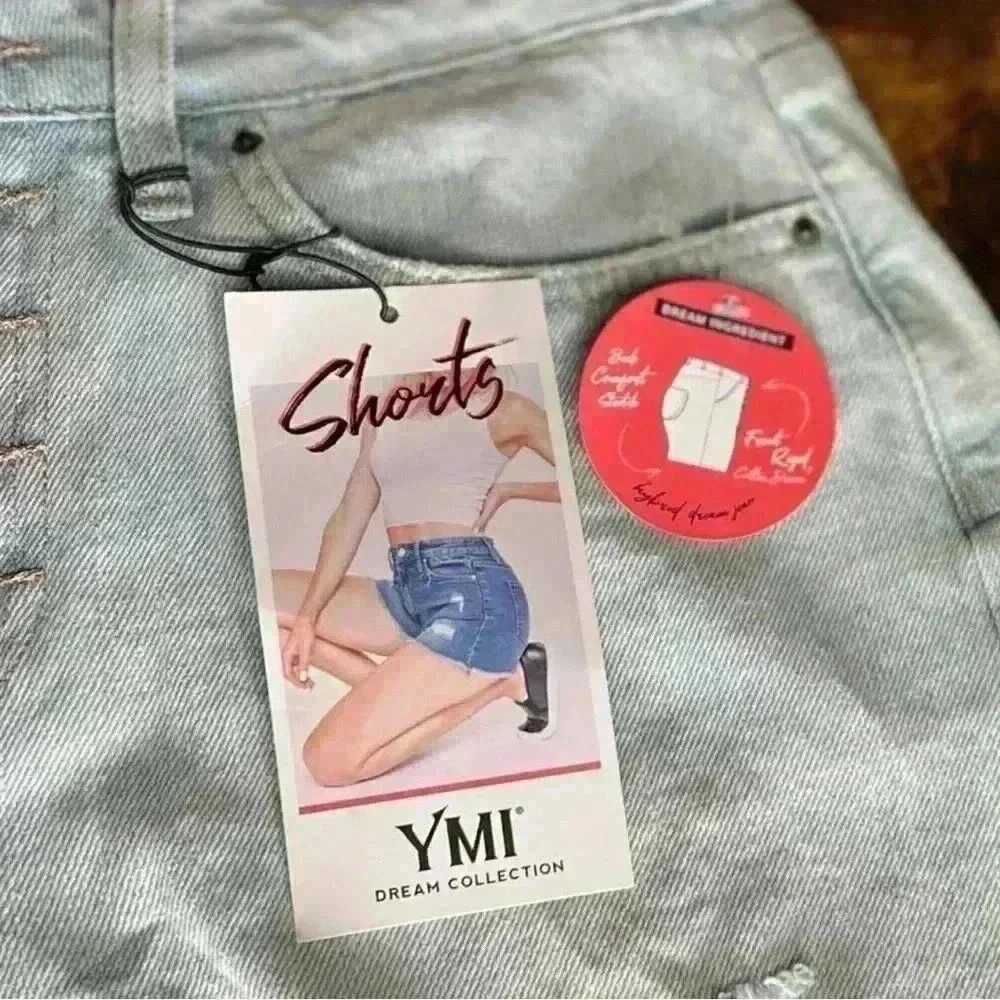 YMI Dream Distressed Button Fly Hybrid Denim Short in Celeste Blue. Size 9. NWT! - Picture 11 of 16